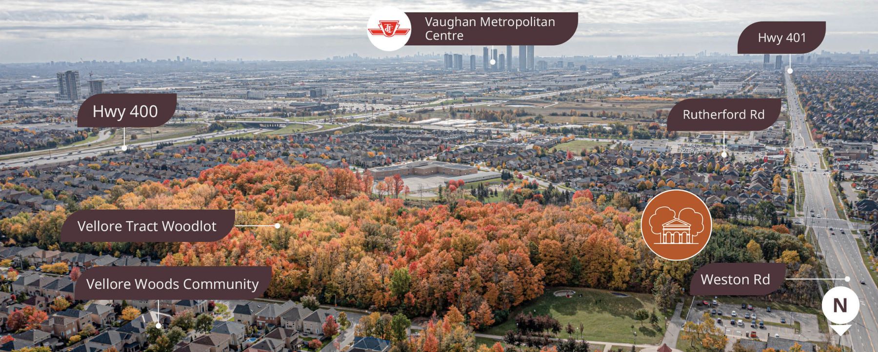 Aerial view of the site at Weston Rd and Rutherford Rd with the VMC skyline on the horizon